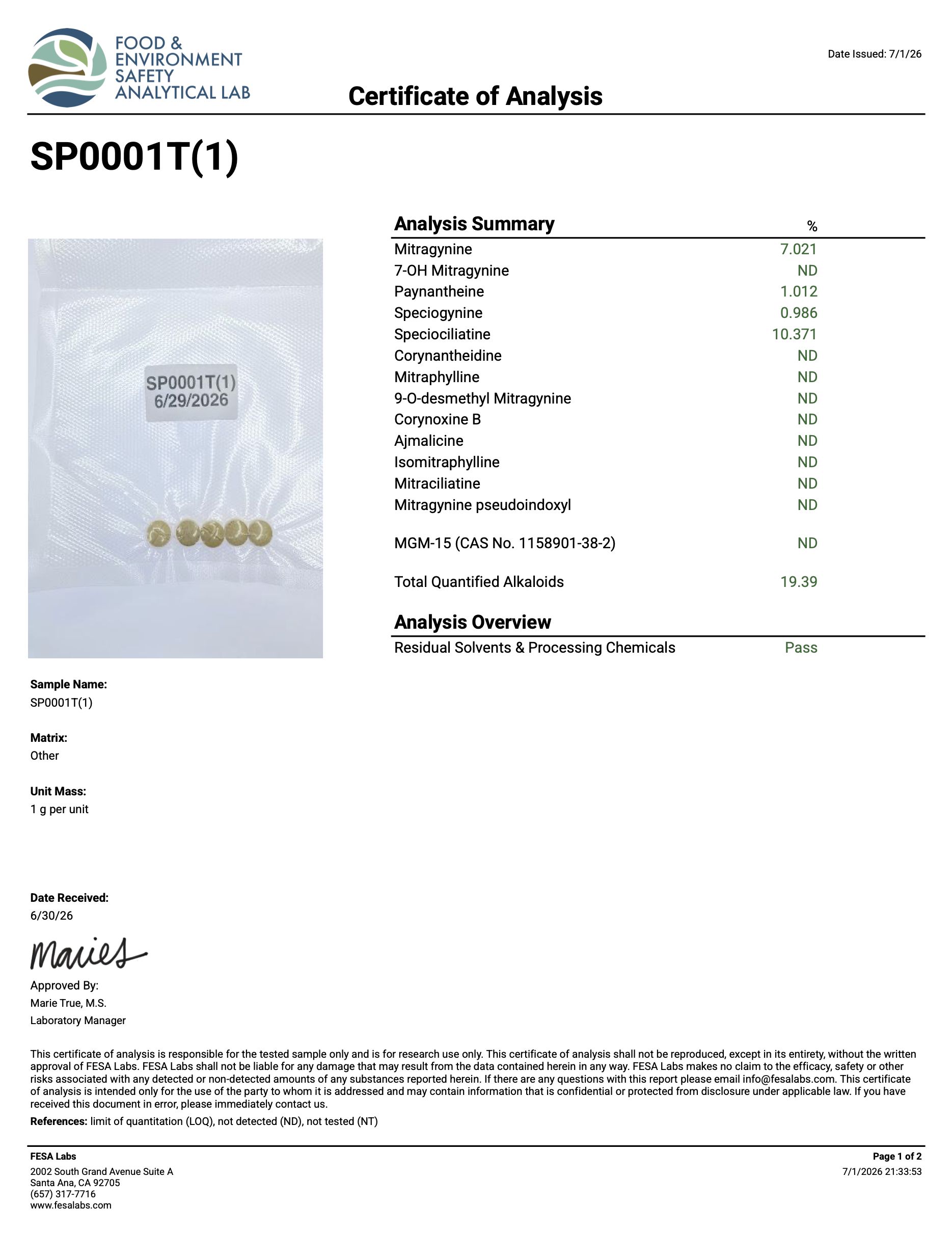 Specio Tablets COA